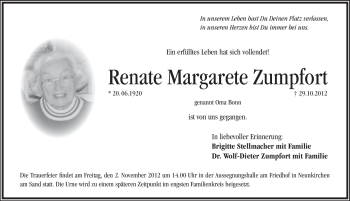 Traueranzeige von Renate Margarete Zumpfort von Pegnitz-Zeitung